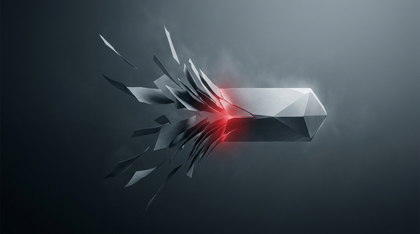 A fragmented crystalline block fusing at a single glowing red point